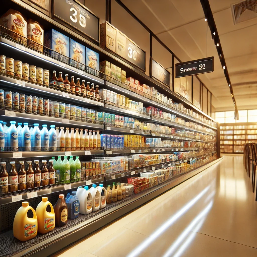 Perfectly organized retail shelf in a modern store with neatly aligned products like snacks, beverages, and cleaning supplies, featuring clear labels, visible pricing tags, and clean shelves, ideal for showcasing effective merchandising strategies and boosting sales